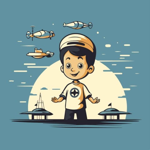 Cute little boy with submarine and submarine in the sky. Vector