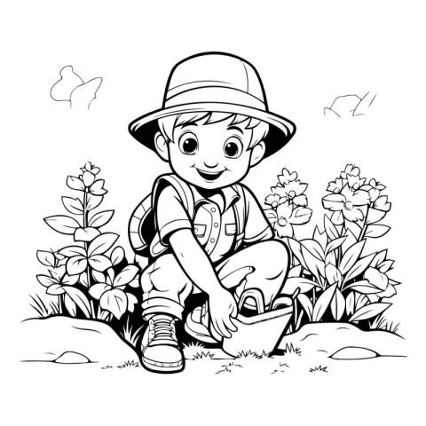 illustration of a boy with a shovel in the garden. coloring book