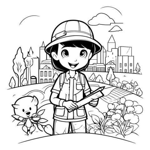 Black and White Cartoon Illustration of Little Girl Builder or E