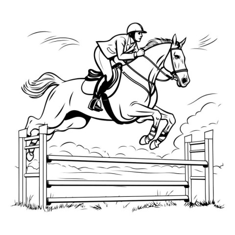 Jockey on horse jumping over obstacle. black and white vector il