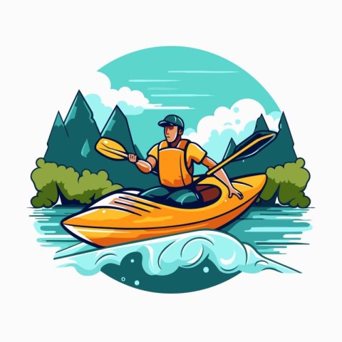 Kayaking on the river. Vector illustration in cartoon style on w