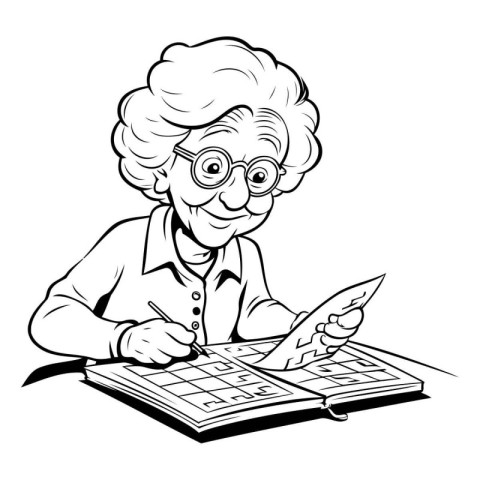 Elderly woman with a calculator. Black and white illustration.