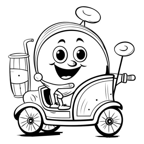 Black and White Cartoon Illustration of a Golf Car with Golf Bag