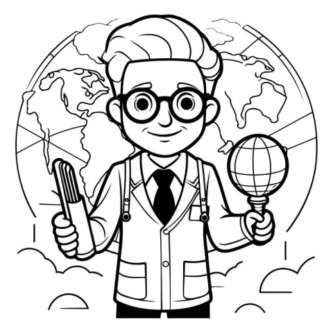 Vector illustration of a cartoon scientist holding a globe and a