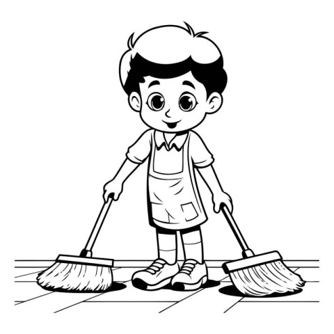 cute little boy cleaning floor with broom cartoon vector illustr