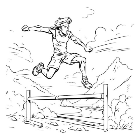 Young man jumping over obstacle. Black and white vector illustra