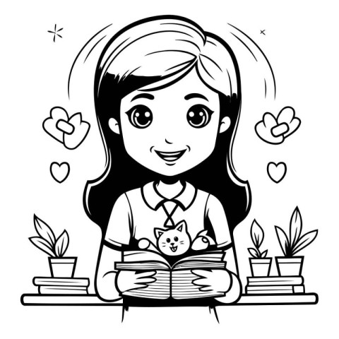 Girl reading a book. Black and white vector illustration for col