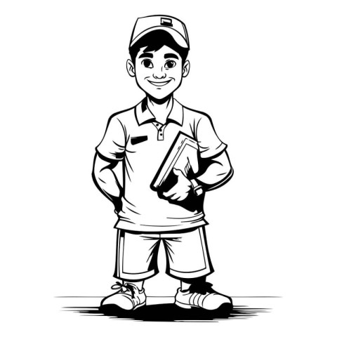 Vector illustration of a boy in a cap and t-shirt holding a clip