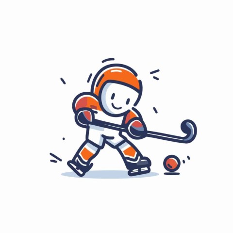 Hockey player with stick and puck. Line art vector illustration.