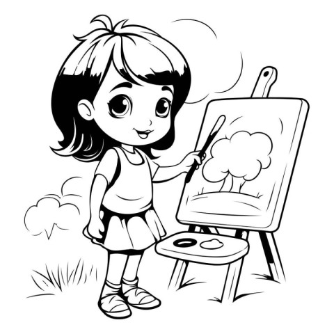 Little girl painting on easel - black and white vector illustrat