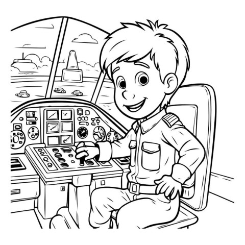 Boy at the helm of a passenger plane. Coloring book for children