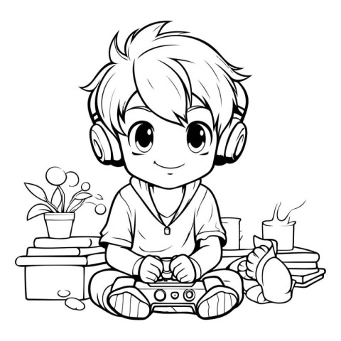 Boy playing video games - Black and White Cartoon Illustration.