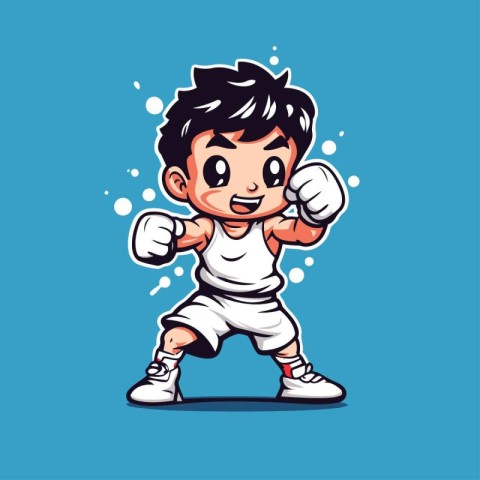 Vector illustration of a boy boxing in action on blue background