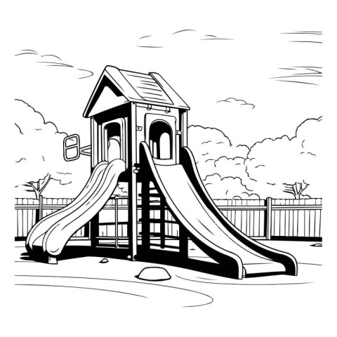 Black and white illustration of a children's slide on a playgrou