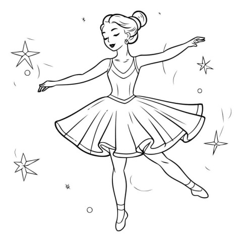 Cute ballerina in a tutu. Black and white vector illustration.