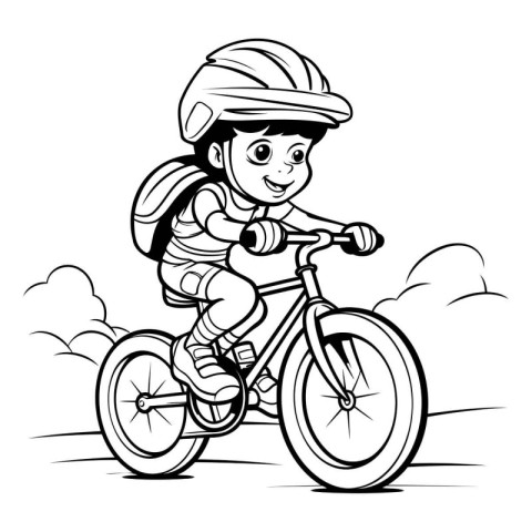 Mountain biker boy on a bike. black and white vector illustratio