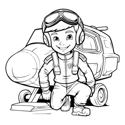 Cute boy pilot with airplane. Vector illustration for coloring b