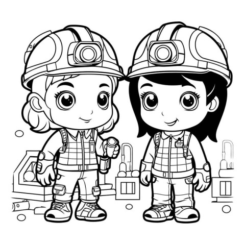 Coloring book for children: boy and girl in a firefighter costum