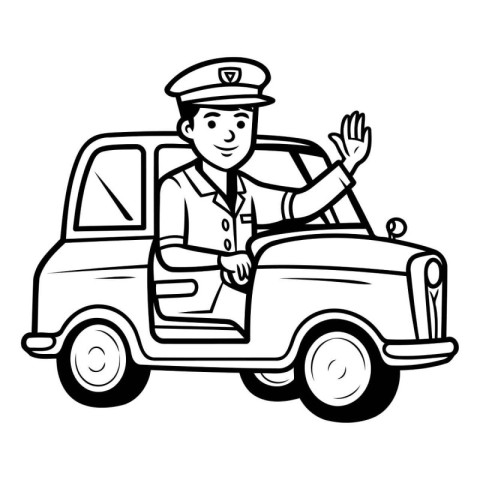 Police officer waving hand and driving a car. Vector illustratio