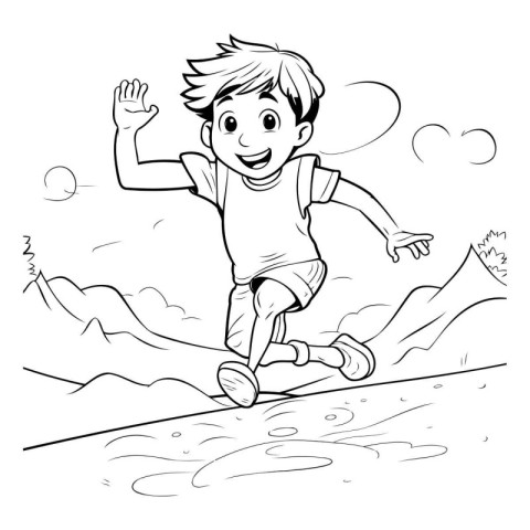 Happy boy playing on the beach. black and white vector illustrat