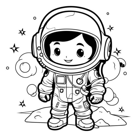 Black and White Cartoon Illustration of Kid Astronaut Character