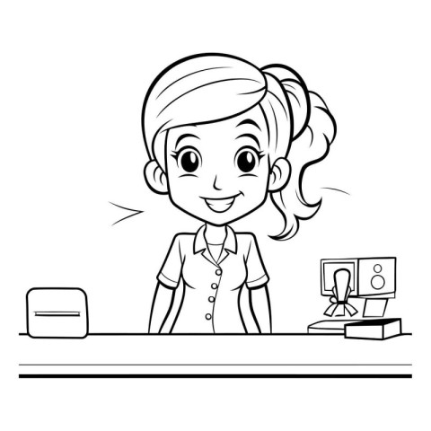 Coloring Page Outline Of a Girl at the Desk Vector Illustration
