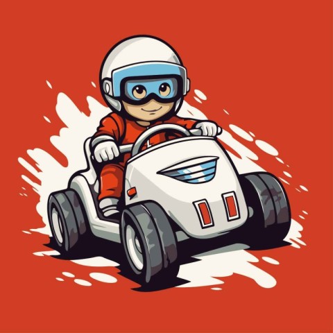 Cartoon illustration of a little boy driving a race car on a red