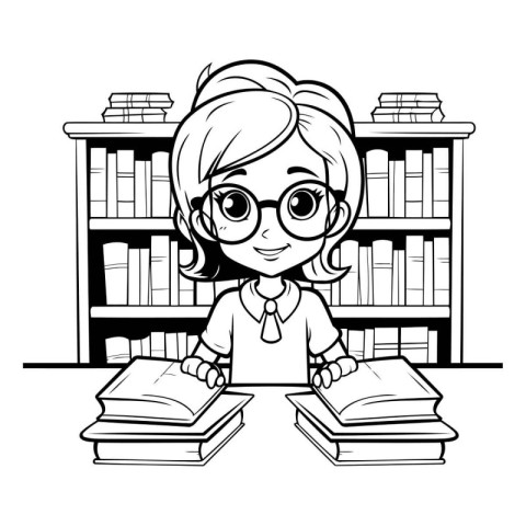 cute little student girl with books in the library vector illust