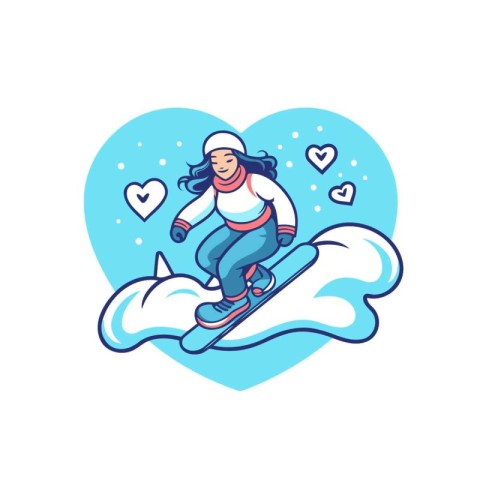 Vector illustration of snowboarder girl riding on snowboard in h