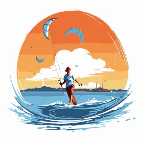 Kitesurfing. Man riding kite on the sea. Vector illustration