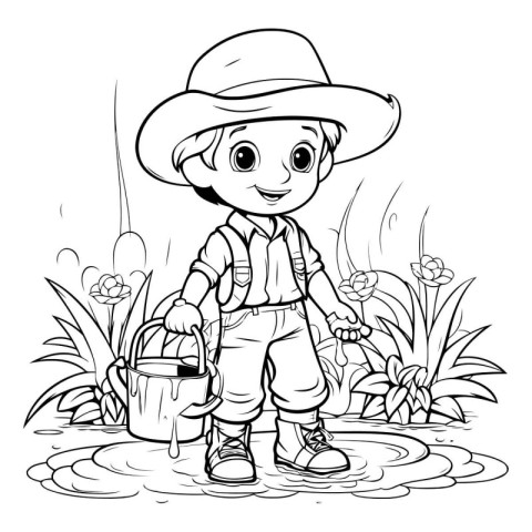 Boy with a watering can in the garden. Coloring book for childre