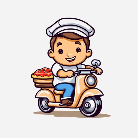 Cute cartoon boy riding a scooter and eating pizza. Vector illus