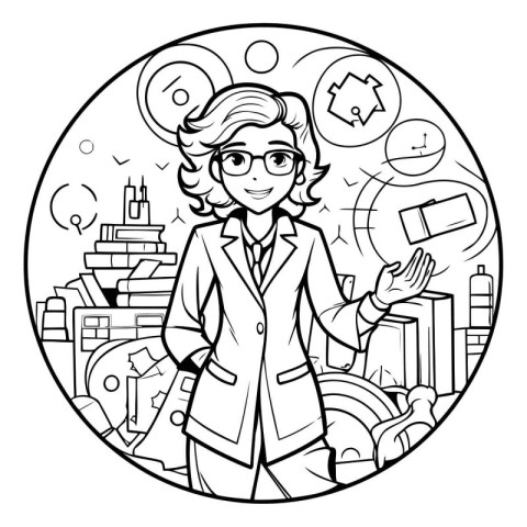 Black and White Cartoon Illustration of Businesswoman Wearing Gl