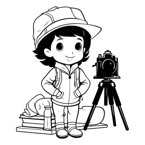 Boy with camera and books black and white vector illustration gr