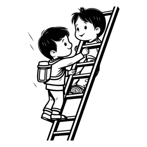 Two boys climbing a ladder. Black and white illustration isolate