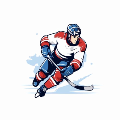 Hockey player with the stick on the ice. Vector illustration.