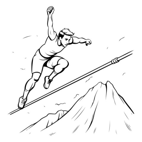 Illustration of a man jumping over a mountain with a rope.