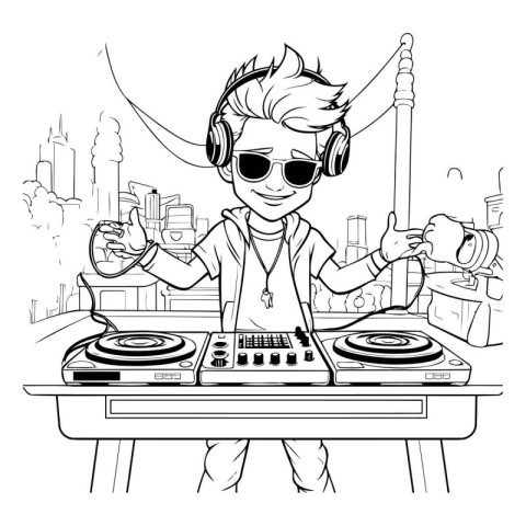 Dj playing music in the city. black and white vector illustratio