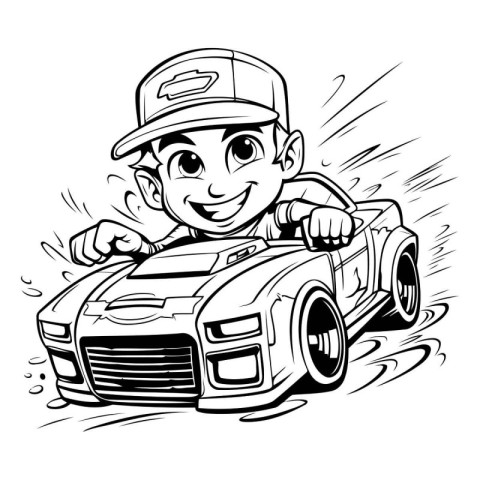 Black and White Cartoon Illustration of a Kid Driving a Retro Ca