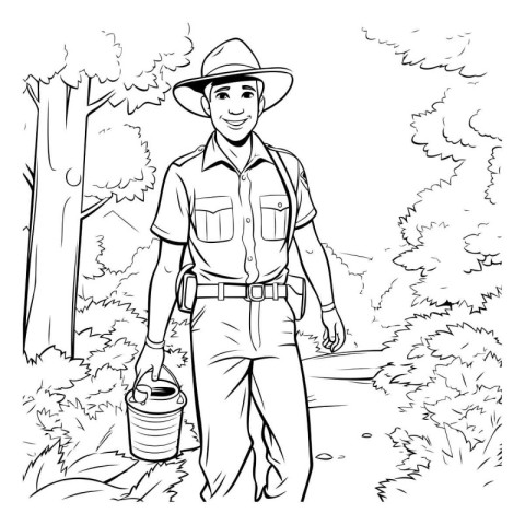 black and white vector illustration of a farmer with a bucket of