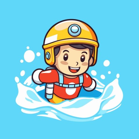 Cute little boy in life jacket and helmet swimming in the sea