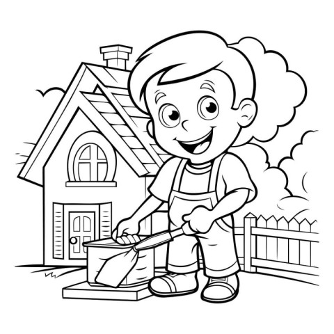 Black and White Cartoon Illustration of Kid Boy Character for Co