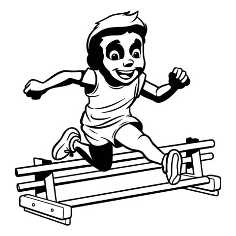 Boy running on a race track. Black and white vector illustration