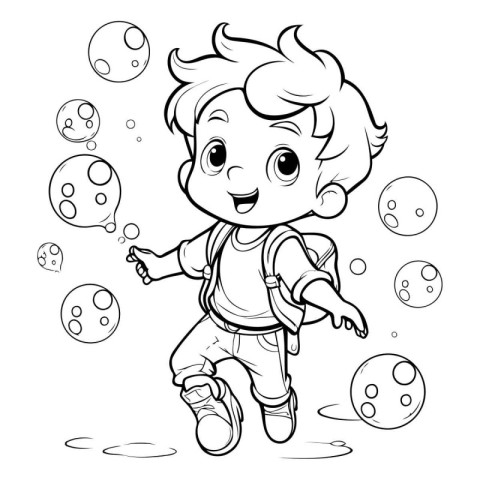 Cute little boy playing with planets. black and white vector ill