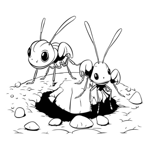 Ants on the ground. Black and white vector illustration for colo