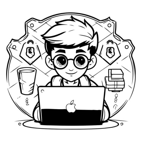 Black and White Cartoon Illustration of Kid Boy Using Laptop or