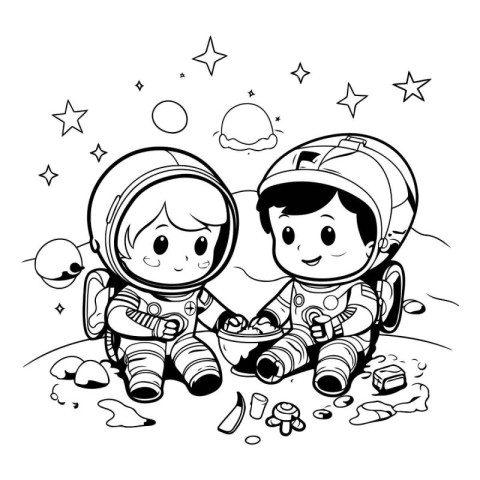 Coloring book for children: Astronaut boy and girl. Vector illus