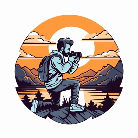 Photographer with a camera in the mountains. Retro style illustr