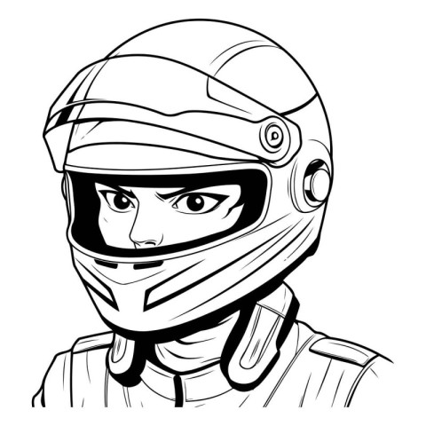 Motorcycle racer in helmet. Black and white illustration for col