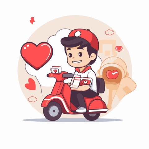 Delivery man on scooter delivering food. Cute cartoon vector ill